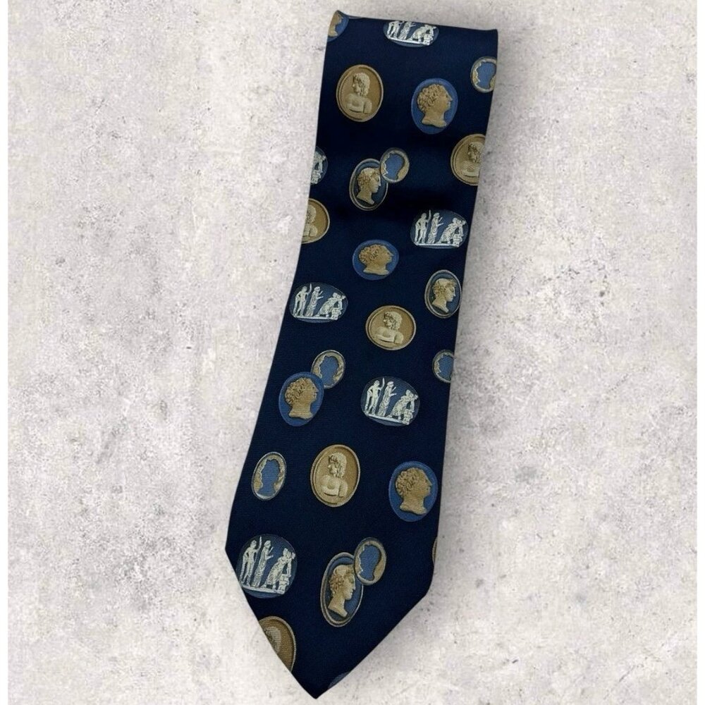 HUGO BOSS Silk Tie ITALY Navy Gold Medallion Human History W:3.5" EUC